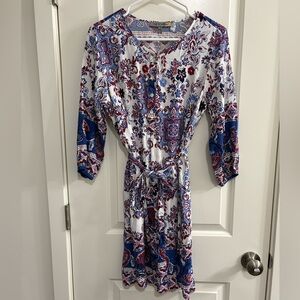 Elegant Floral & Paisley 3/4 Sleeve Dress - Blue and Red